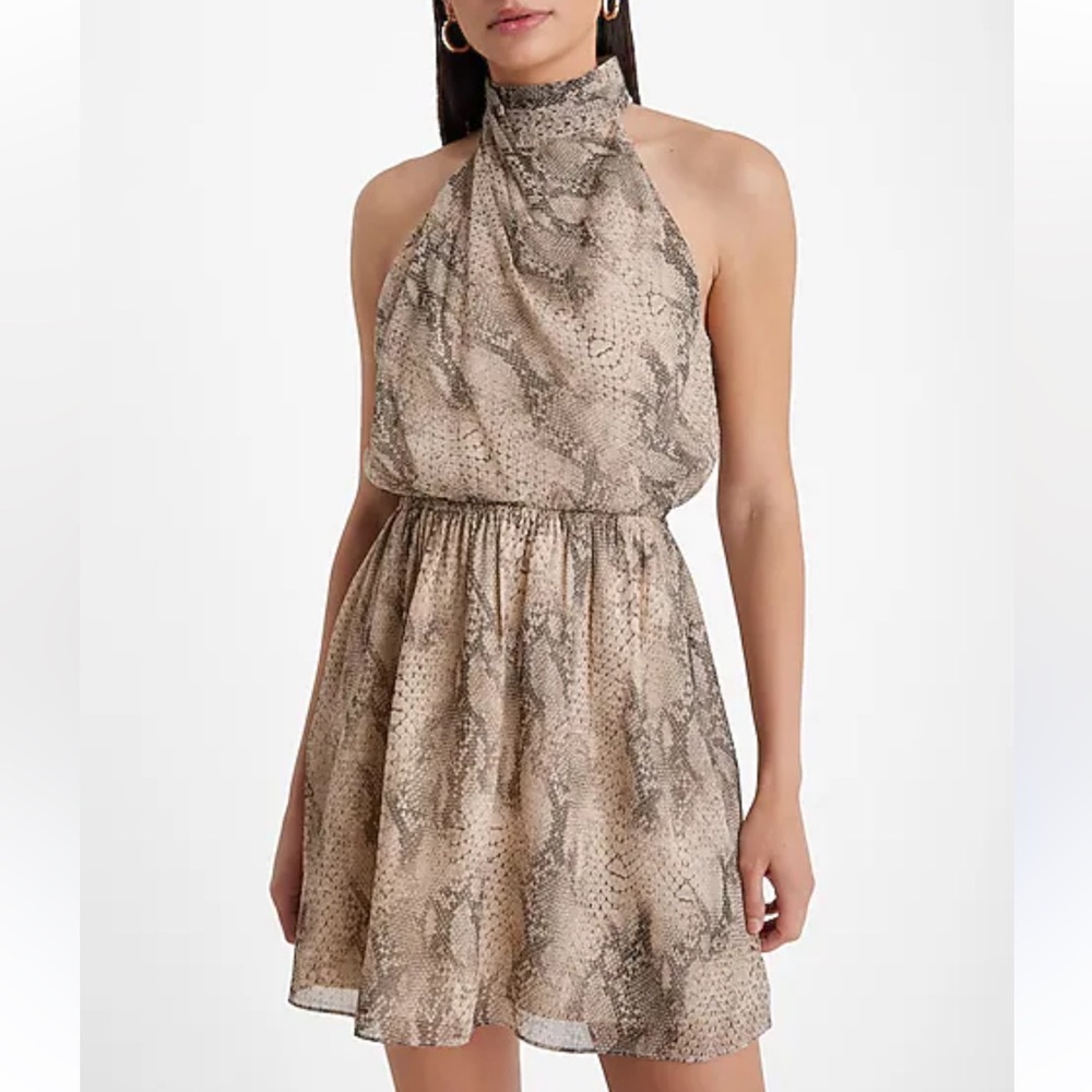 NWT Express Draped Halter Mini Dress in Neutral Snake Print Size XS